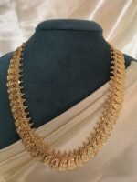 Traditional Micro Gold-Polished Lakshmi Kasu Long Haram with CZ Stone